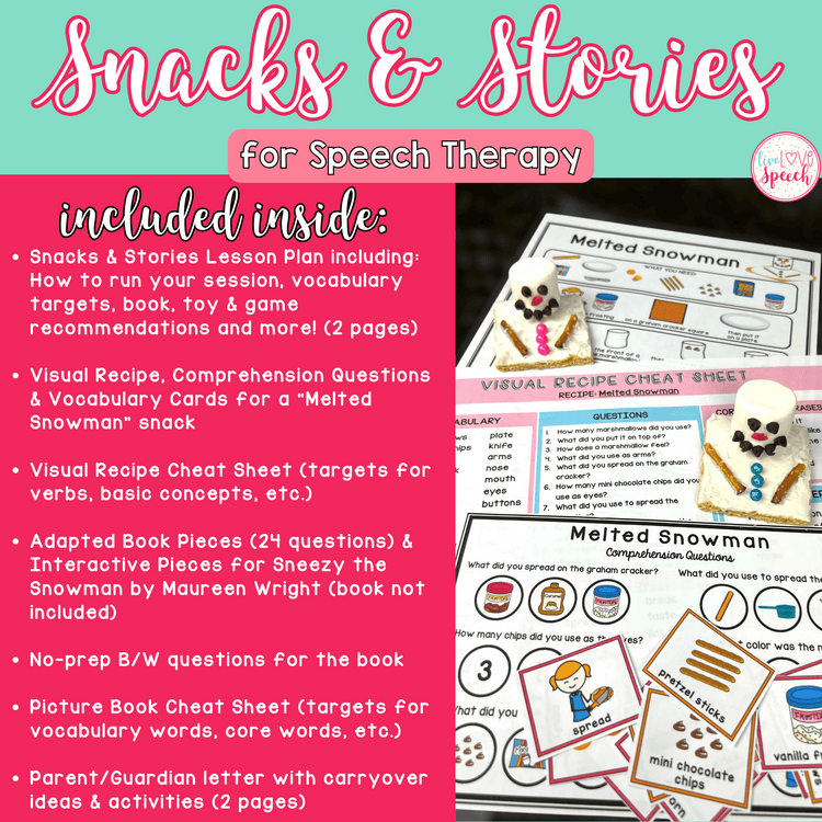 Winter Snacks and Stories for Speech Therapy | Cheat Sheets, ABP, Visual Recipe