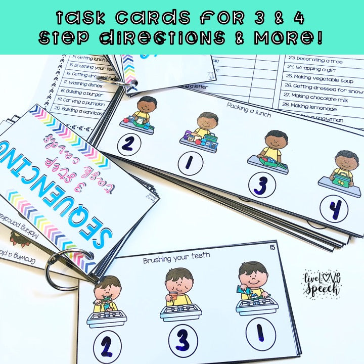 Grab N' Go Sequencing | Task Cards, Interactive Pieces, & BOOM Cards™ | Speech Therapy