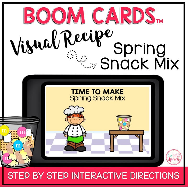 Visual Recipe BOOM Cards™ | SPRING SNACK MIX | Speech Therapy