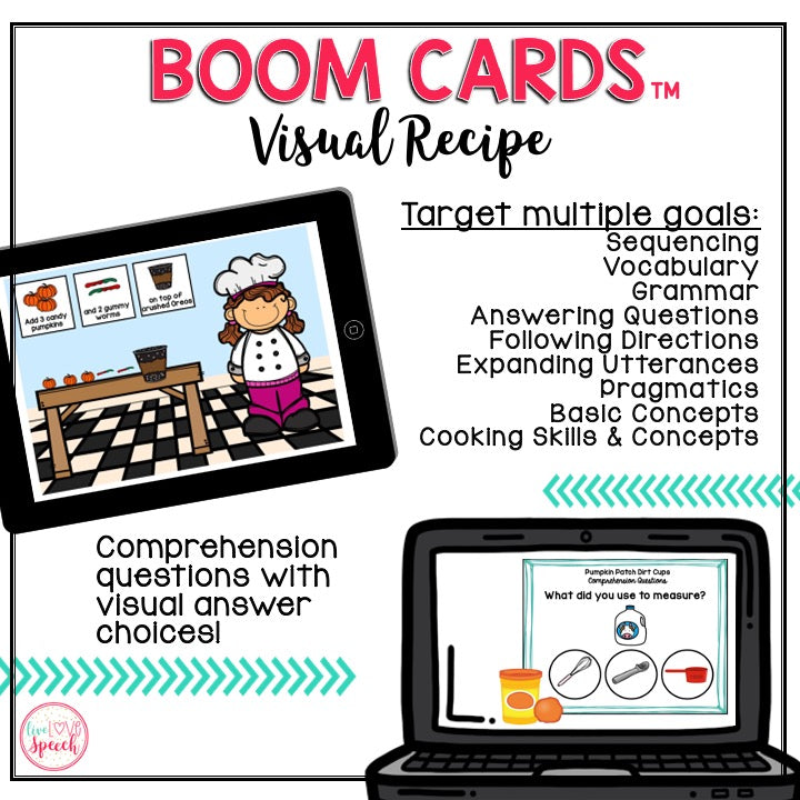 Visual Recipe BOOM Cards™ | Pumpkin Patch Dirt Cups | Speech Therapy