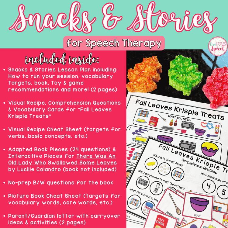 Fall Snacks and Stories for Speech Therapy | Cheat Sheets, ABP, Visual Recipe