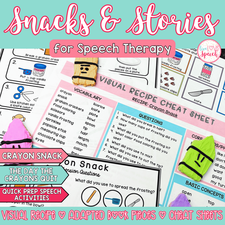 School Themed Snacks & Stories Speech Therapy | Cheat Sheets, ABP, Visual Recipe