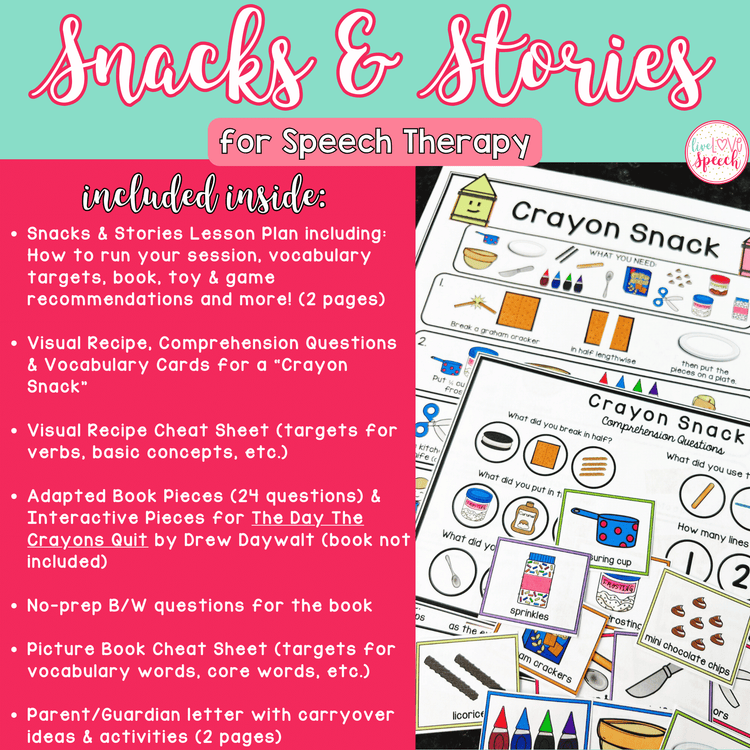 School Themed Snacks & Stories Speech Therapy | Cheat Sheets, ABP, Visual Recipe