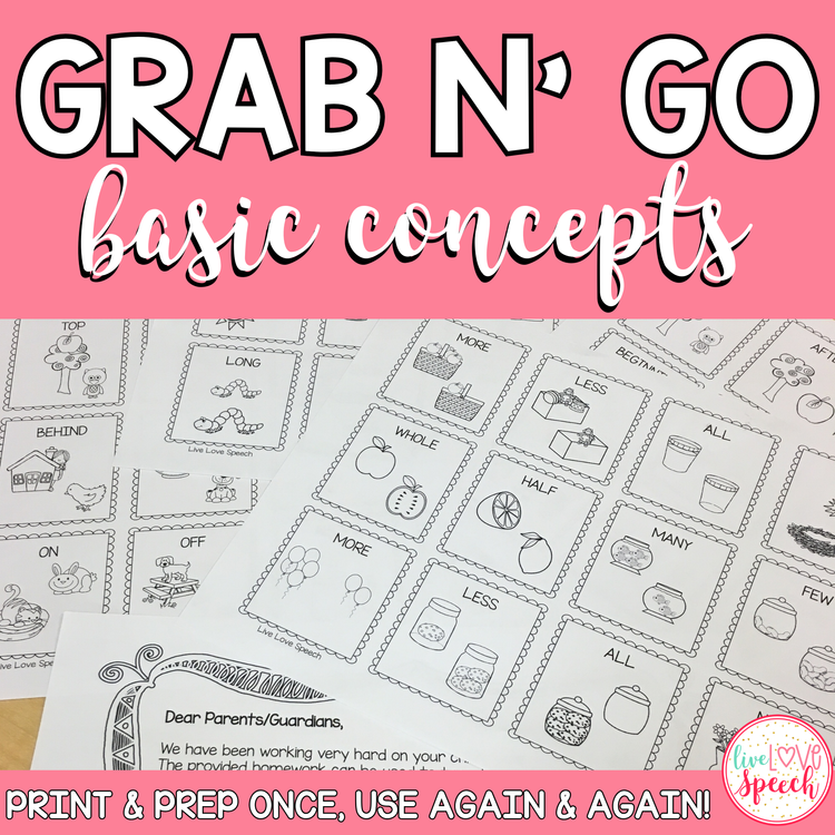 Grab N' Go Basic Concepts | Temporal, Spatial, Qualitative, Quantitative | Speech Therapy